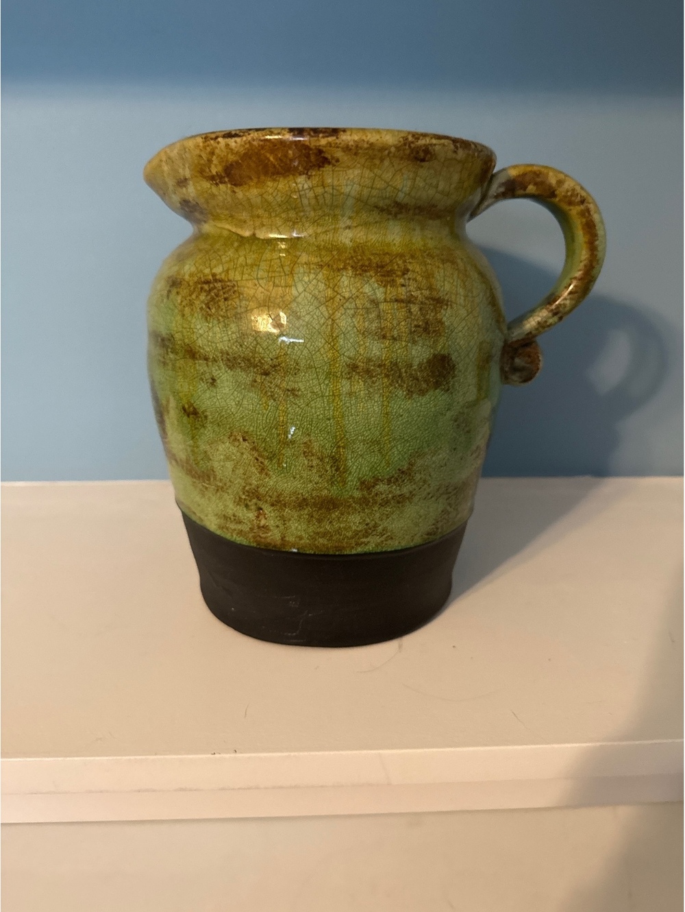 Vintage Studio Art Pottery Pitcher Jug - Avocado Green Crackle Drip Glaze